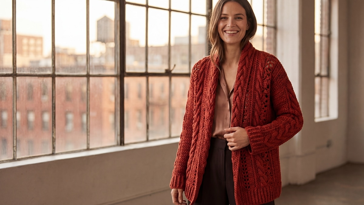 Mulher de frente com casaco de crochê vermelho em ambiente urbano, design moderno e elegante com prédios ao fundo