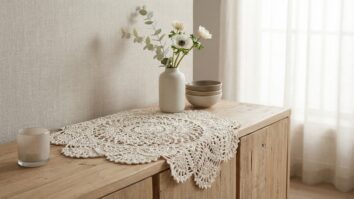 Centro de crochê em algodão cru com elementos decorativos discretos em ambiente elegante