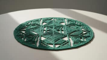 Centro de mesa de crochê moderno em algodão verde com design geométrico, cena editorial sofisticada com luz natural