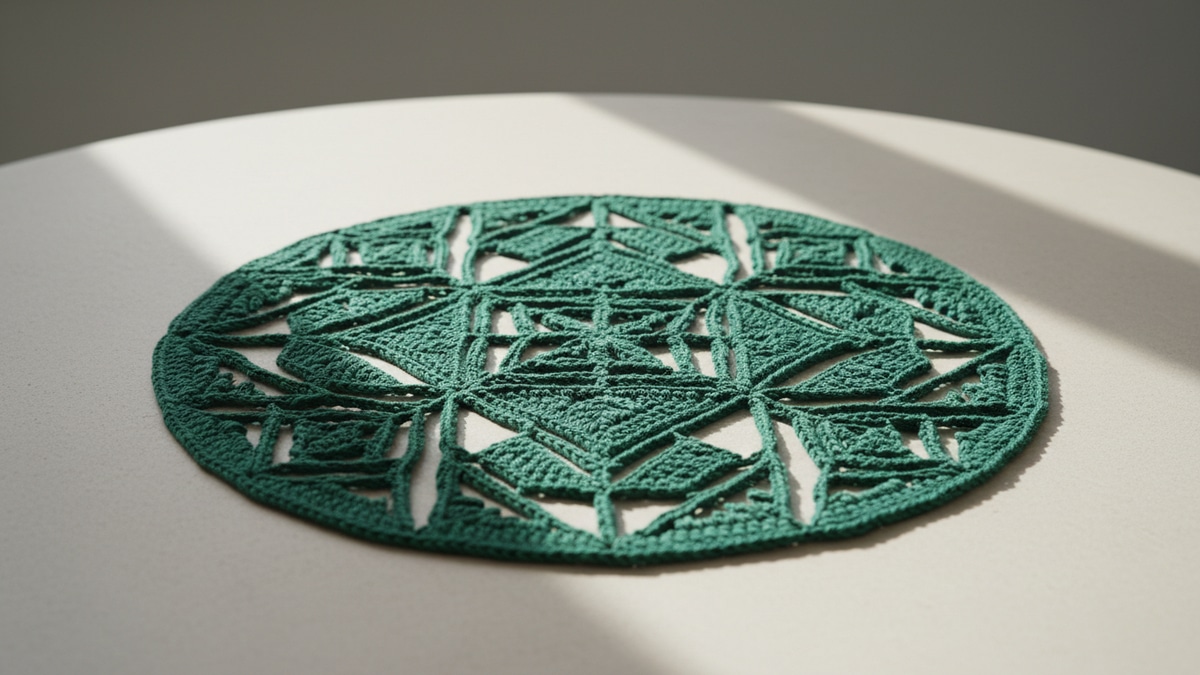 Centro de mesa de crochê moderno em algodão verde com design geométrico, cena editorial sofisticada com luz natural