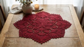 Centro de mesa de crochê artesanal em algodão vermelho com trama rendada simétrica inspirada em gráficos, desenhos florais e mandalas com acabamento refinado, disposto sobre madeira clara em ambiente aconchegante.