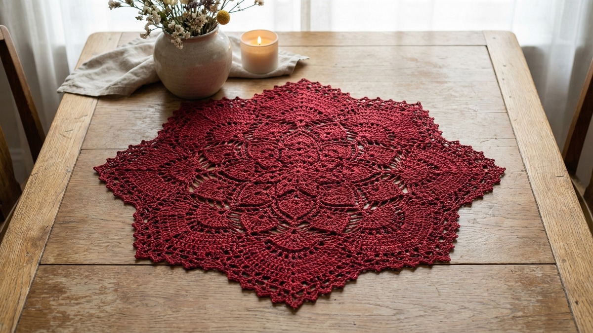 Centro de mesa de crochê artesanal em algodão vermelho com trama rendada simétrica inspirada em gráficos, desenhos florais e mandalas com acabamento refinado, disposto sobre madeira clara em ambiente aconchegante.
