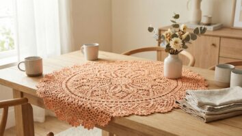 Centro de mesa artesanal em crochê laranja com trama rendada delicada, disposto sobre mesa de madeira clara em sala de jantar iluminada por luz natural.