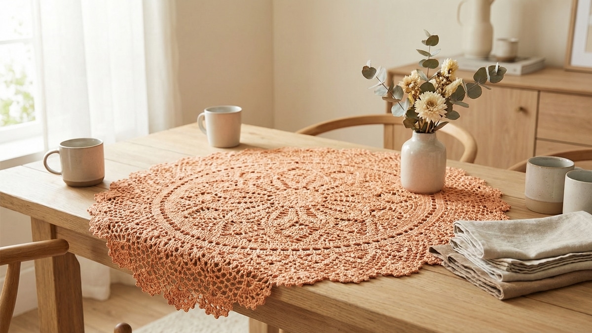 Centro de mesa artesanal em crochê laranja com trama rendada delicada, disposto sobre mesa de madeira clara em sala de jantar iluminada por luz natural.