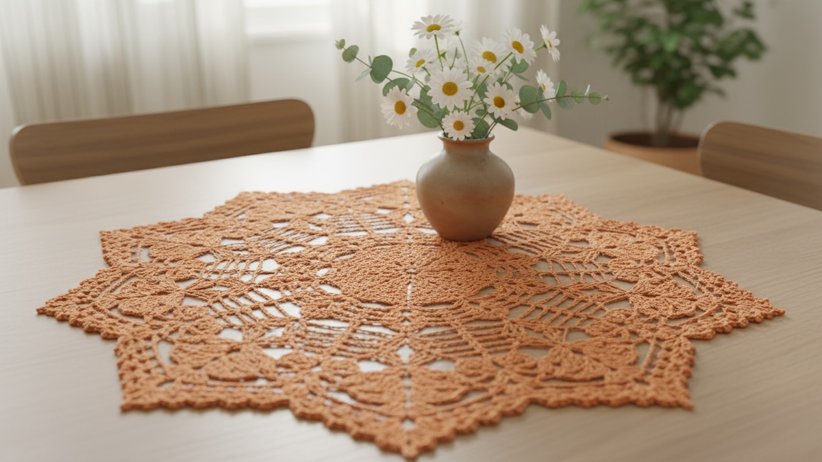 Mesa de jantar com centro de mesa em crochê laranja artesanal e vaso baixo com flores simples sob luz natural difusa