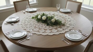 Sala de jantar com mesa posta em madeira natural exibindo centro de mesa circular em crochê artesanal sob arranjo floral com louças brancas
