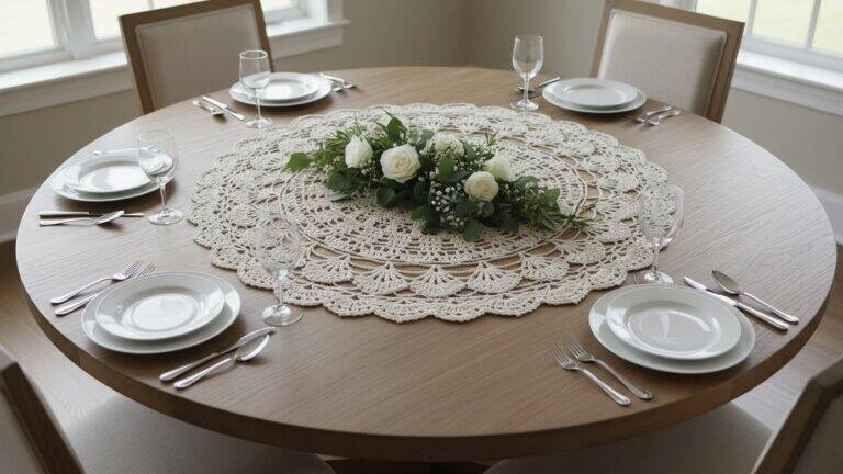 Sala de jantar com mesa posta em madeira natural exibindo centro de mesa circular em crochê artesanal sob arranjo floral com louças brancas
