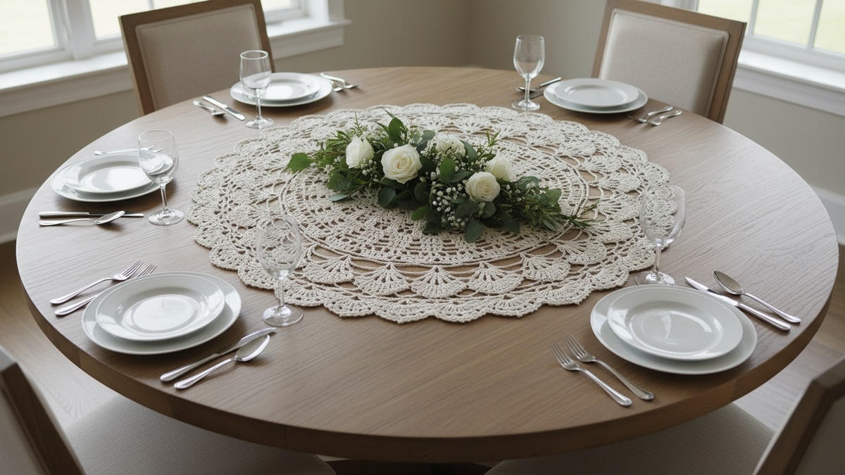 Sala de jantar com mesa posta em madeira natural exibindo centro de mesa circular em crochê artesanal sob arranjo floral com louças brancas