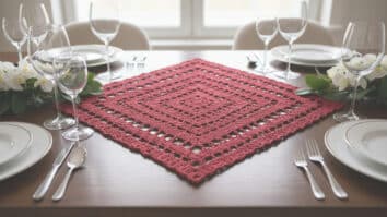 Centro de mesa de crochê artesanal em algodão vermelho com design rendado, cena editorial elegante com luz natural difusa