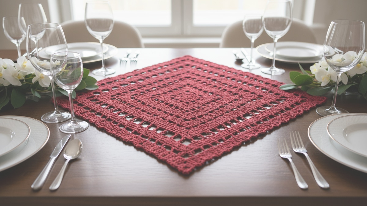 Centro de mesa de crochê artesanal em algodão vermelho com design rendado, cena editorial elegante com luz natural difusa