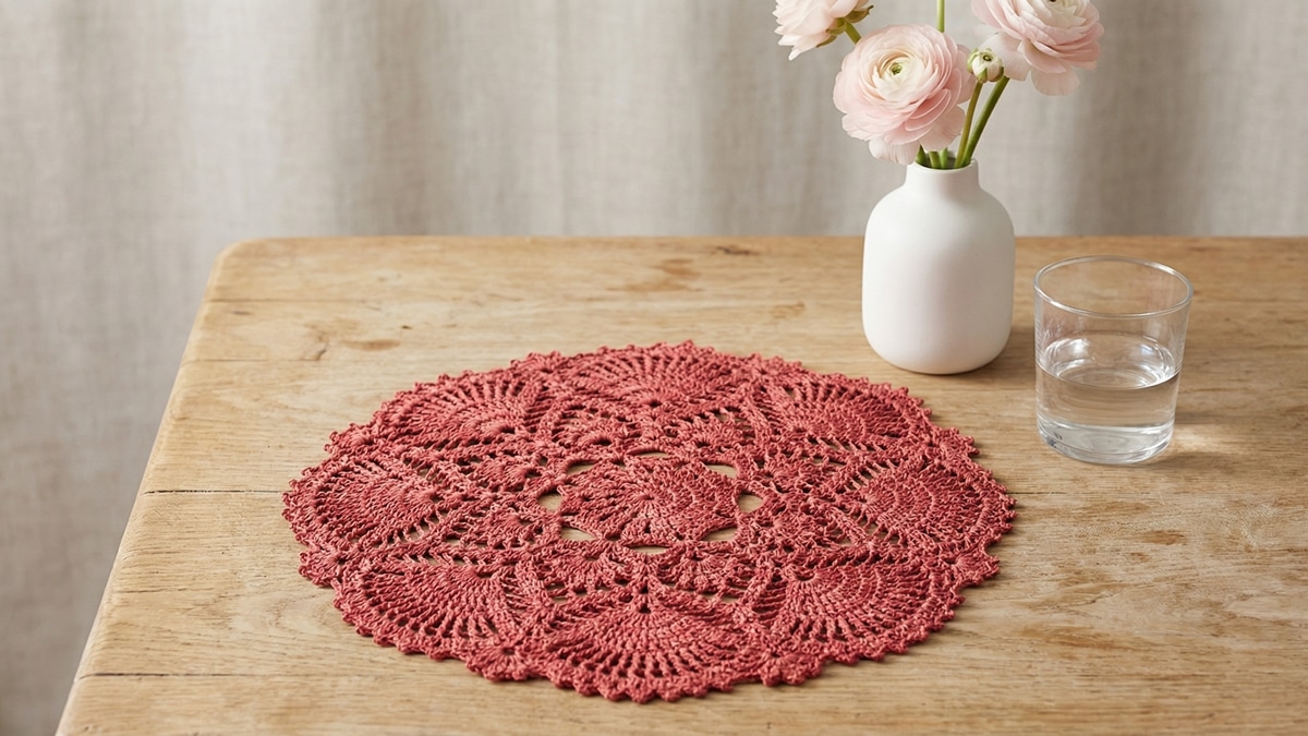 Centro de mesa de crochê vermelho com trama rendada sobre madeira clara com elementos decorativos