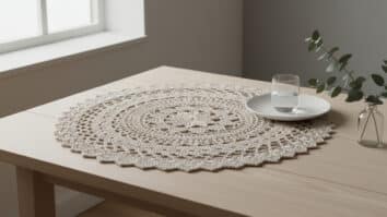 Centro de mesa de crochê em fio de algodão cru sobre mesa de madeira clara com composição discreta de louça e arranjo em estilo warm minimalism