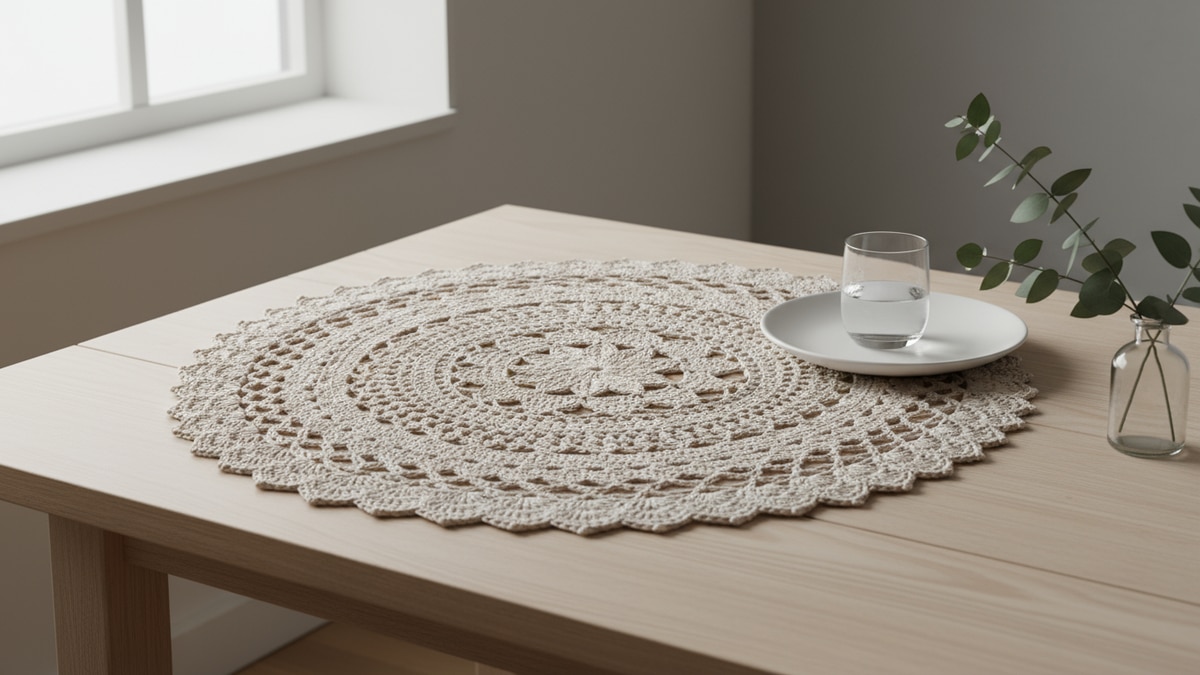 Centro de mesa de crochê em fio de algodão cru sobre mesa de madeira clara com composição discreta de louça e arranjo em estilo warm minimalism