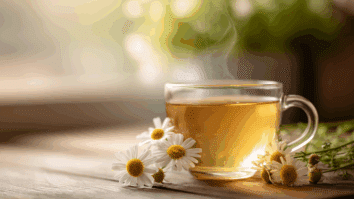 Xícara de chá de camomila quente sobre uma mesa de madeira com flores secas ao redor, transmitindo sensação de calma e bem-estar. O chá natural ajuda a relaxar, melhora o sono e favorece a digestão.