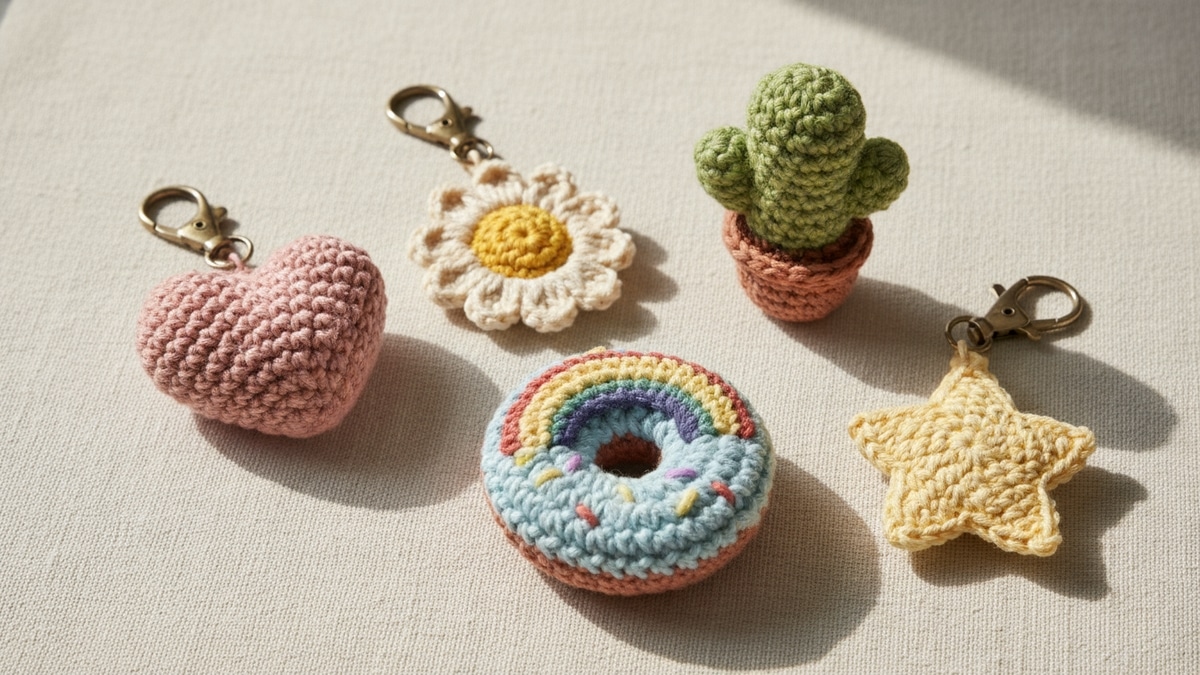 Composição de chaveiros de crochê artesanais coloridos em formatos variados como coração, flor, cacto, donut e estrela sobre superfície de linho claro com luz natural.