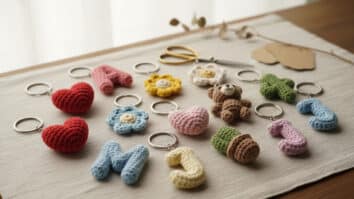 Bancada artesanal com coleção de chaveiros de crochê coloridos em formatos variados sobre base de madeira clara, acompanhados de tesoura e tag de papel kraft