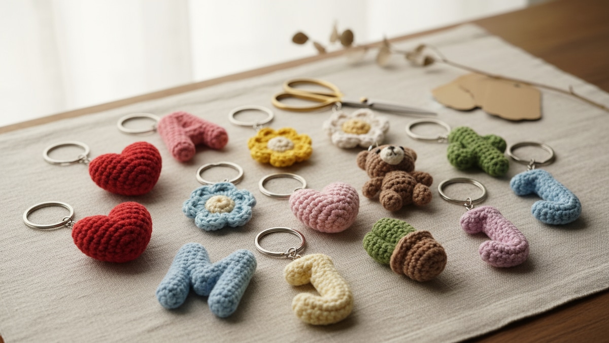 Bancada artesanal com coleção de chaveiros de crochê coloridos em formatos variados sobre base de madeira clara, acompanhados de tesoura e tag de papel kraft