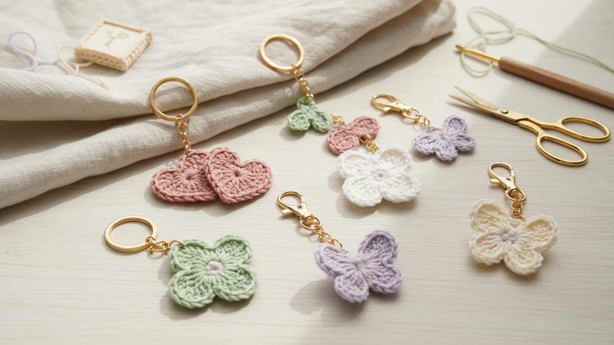 Chaveiros de crochê variados em tons pastel organizados sobre mesa artesanal com luz natural
