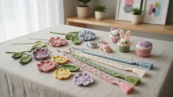 Mesa de ateliê com coleção de pequenas peças de crochê coloridas como flores, folhas, chaveiros e marcadores de página sobre tecido de linho cru