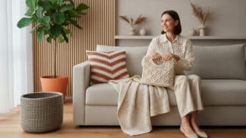 Mulher sorrindo usando blusa e bolsa de crochê em ambiente contemporâneo com almofada geométrica, manta leve e cesto estruturado de crochê, em tons neutros e terrosos com detalhes de madeira clara e planta verde