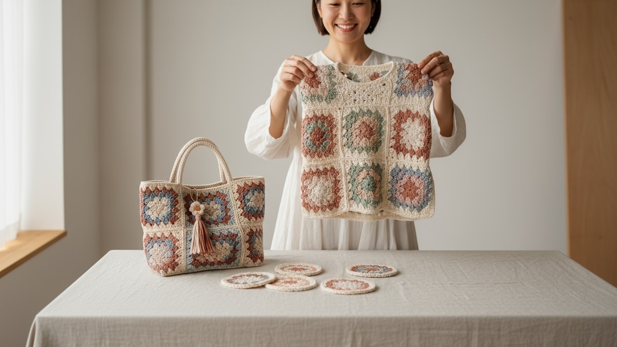 Mulher sorrindo mostrando composição de produtos de crochê artesanais feitos com granny squares incluindo blusa, bolsa e acessórios em tons terrosos e pastel sobre superfície de linho claro.