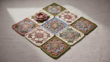 Composição harmoniosa de squares de crochê artesanais com desenhos variados como flor em relevo, leques, filet com coração e mandala geométrica em tons naturais, pastéis e terrosos sobre superfície de linho claro.