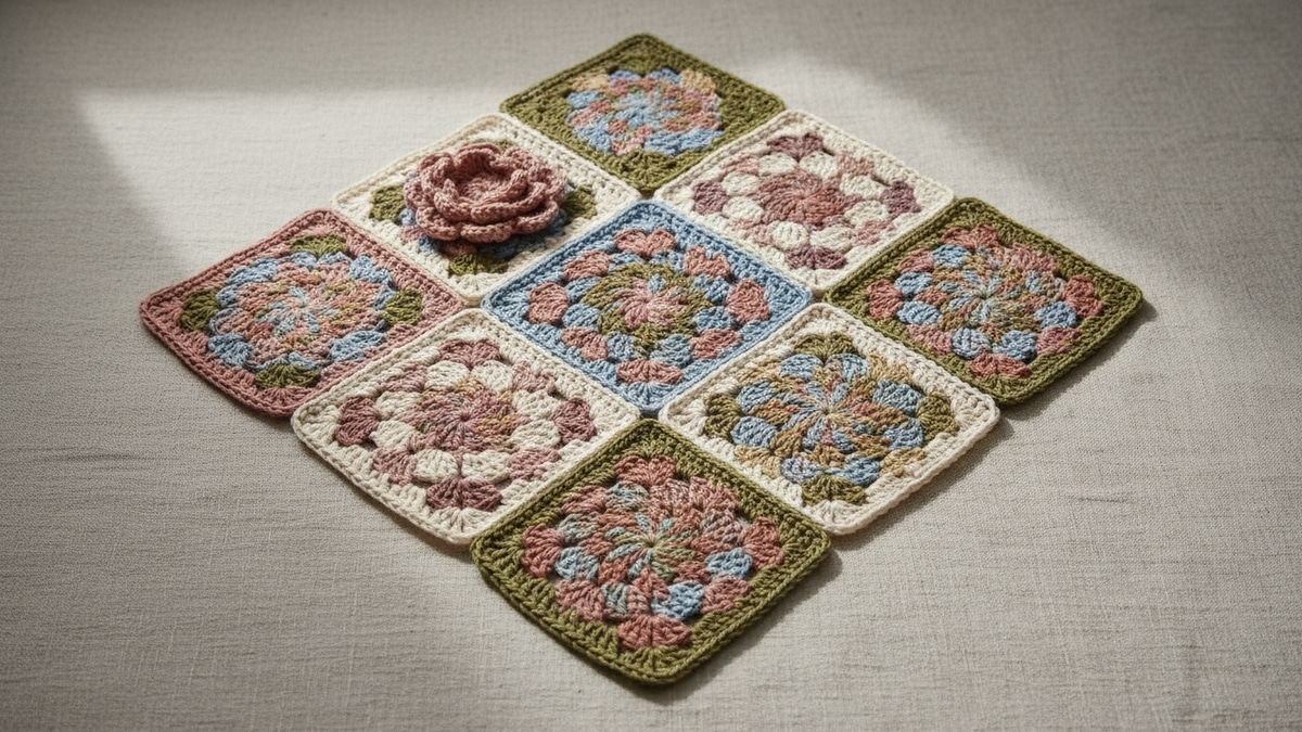 Composição harmoniosa de squares de crochê artesanais com desenhos variados como flor em relevo, leques, filet com coração e mandala geométrica em tons naturais, pastéis e terrosos sobre superfície de linho claro.