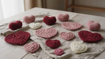 Mesa de madeira clara com coleção de corações de crochê em tons de vermelho, rosé e off-white sobre tecido de linho neutro, alguns planos e outros em formato 3D, iluminados por luz natural suave.