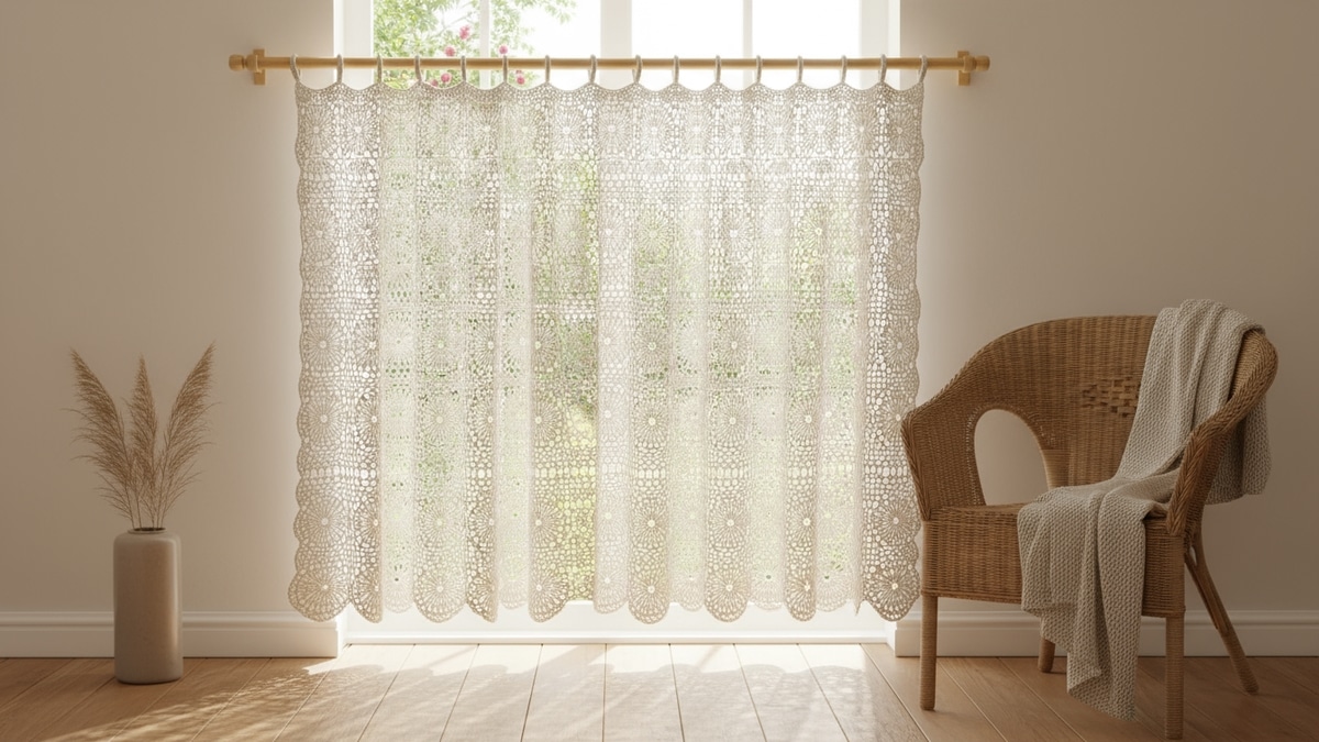 Sala iluminada com cortina de crochê artesanal em algodão cru pendurada em varão de madeira clara sobre janela com vista para jardim