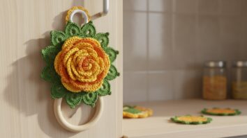 Close-up de porta-panos de prato em crochê artesanal com design floral tridimensional em tons amarelo, laranja e verde, montado em argola de madeira clara em ambiente de cozinha aconchegante