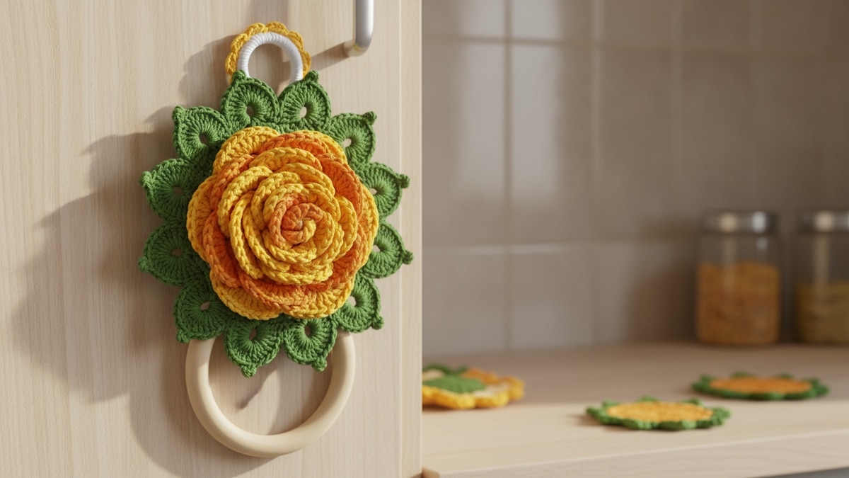 Close-up de porta-panos de prato em crochê artesanal com design floral tridimensional em tons amarelo, laranja e verde, montado em argola de madeira clara em ambiente de cozinha aconchegante