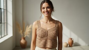 Mulher sorrindo usando cropped de crochê artesanal em tom marrom com ponto rendado floral no busto e acabamento em ponto caranguejo na barra e alças, iluminada por luz natural difusa.