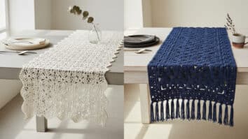 Comparação lado a lado de dois trilhos de crochê artesanal em mesas diferentes, cena editorial minimalista sofisticada