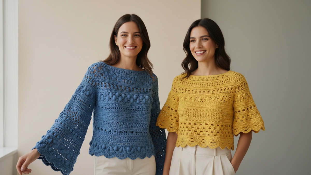 Duas mulheres sorrindo em ambiente minimalista fashion, uma com blusa de crochê azul e outra com cropped amarelo, detalhes artesanais em mangas e decote, luz natural suave.