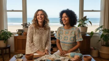 Duas mulheres sorrindo usando blusas de crochê em apartamento com vista para praia