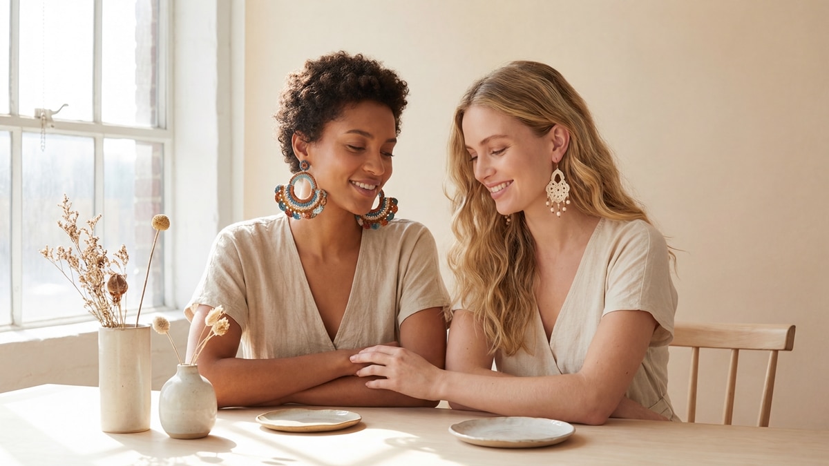 Duas mulheres sorrindo usando brincos artesanais de crochê em diferentes estilos, cores e designs, em superfície minimalista com luz natural difusa destacando a textura fina e desenho detalhado em composição única e seamless.