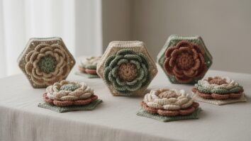 Conjunto de flores africanas de crochê em tons suaves sobre superfície de linho claro com iluminação natural