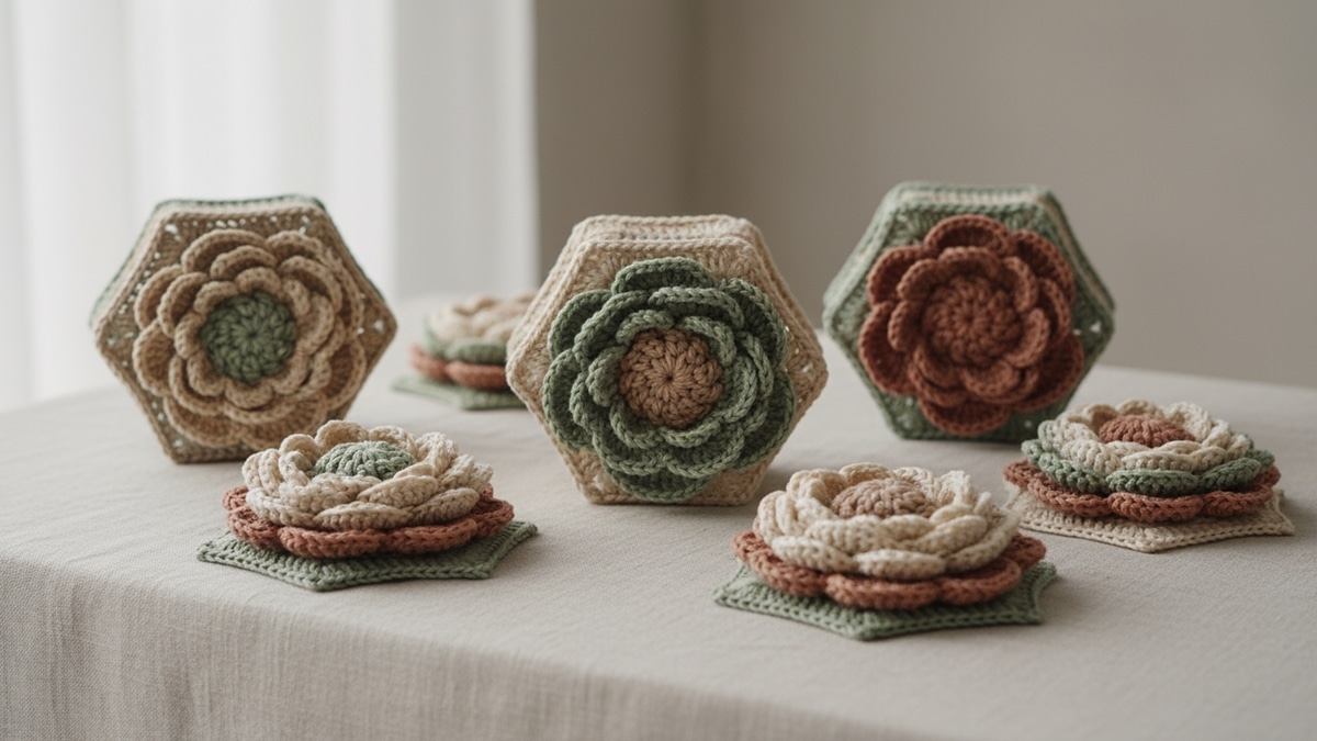 Conjunto de flores africanas de crochê em tons suaves sobre superfície de linho claro com iluminação natural