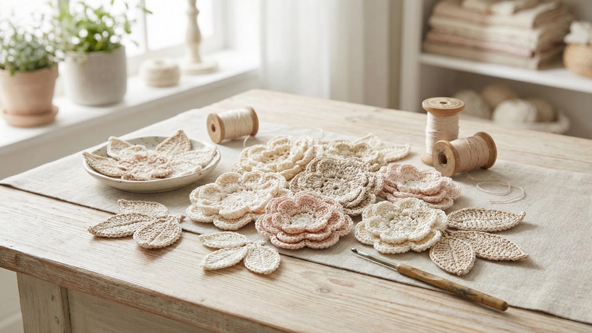 Flores de crochê em algodão cru com variações suaves, dispostas em composição delicada sobre superfície de madeira clara com luz natural.