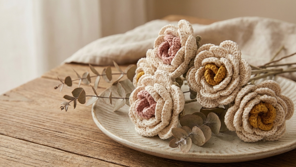 Flores de crochê artesanais em algodão cru com toques sutis de rosa claro e mostarda leve, pétalas texturizadas e pontos bem definidos, dispostas em arranjo decorativo elegante para decoração da casa.