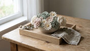 Flores de crochê artesanais em algodão cru em composição elegante sobre madeira clara