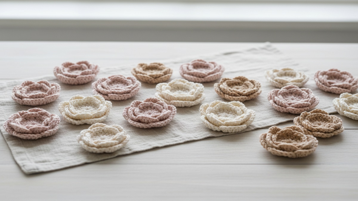 Conjunto de flores de crochê em tons suaves de rosa claro, off-white e bege sobre superfície neutra, destacando pétalas modeladas e acabamento delicado