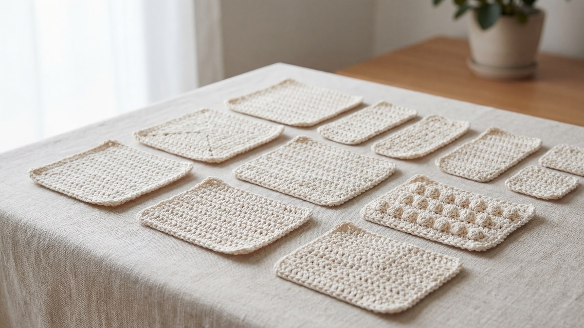 Pequenos formatos de crochê em algodão cru exibindo diferentes pontos básicos organizados de forma clara, sobre superfície neutra com luz natural difusa em composição limpa e contínua.