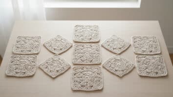 Granny squares de crochê em algodão cru organizados harmoniosamente, cena editorial artesanal com tramas bem definidas