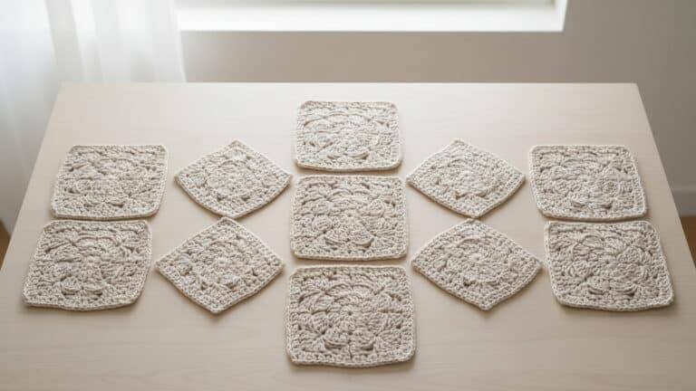 Granny squares de crochê em algodão cru organizados harmoniosamente, cena editorial artesanal com tramas bem definidas