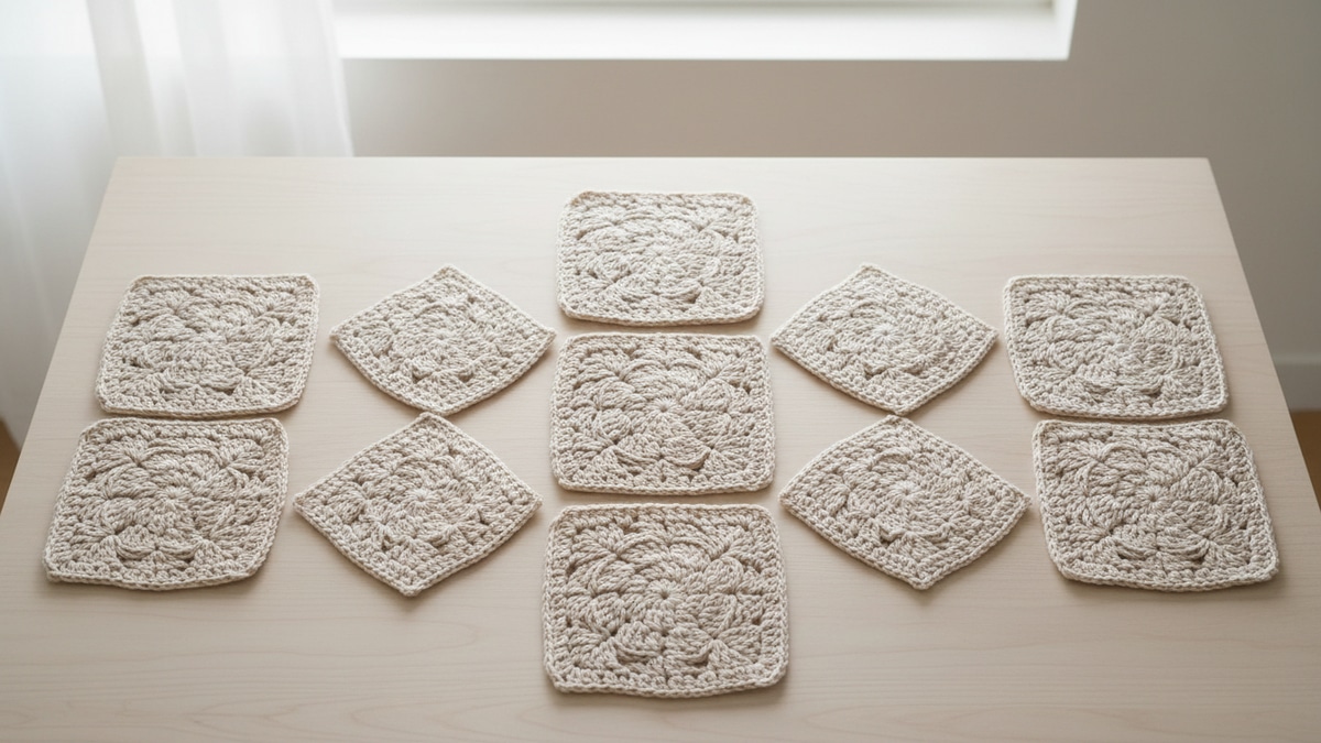 Granny squares de crochê em algodão cru organizados harmoniosamente, cena editorial artesanal com tramas bem definidas