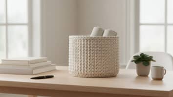 Home office organizado com cesto de crochê cilíndrico em algodão cru sobre mesa de madeira clara com livros neutros e planta discreta, iluminado por luz natural difusa