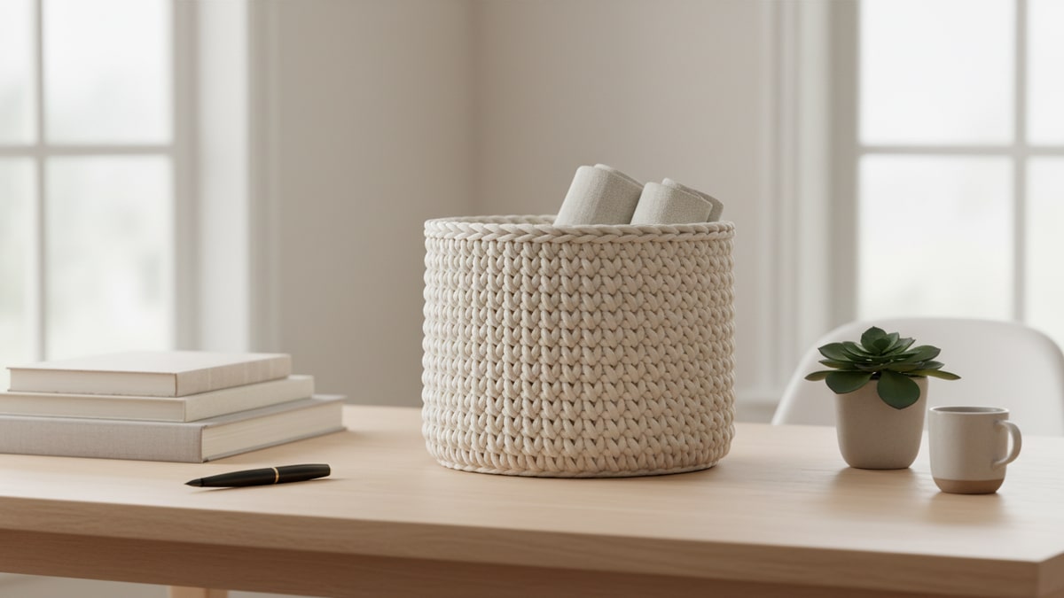 Home office organizado com cesto de crochê cilíndrico em algodão cru sobre mesa de madeira clara com livros neutros e planta discreta, iluminado por luz natural difusa