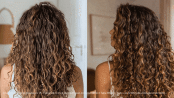 Mulheres com cabelo cacheado. Na foto à esquerda uma mulher com cachos sem muita definição, e na direita já podemos notar um cabelo muito mais definido