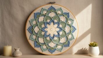 Mandala de crochê artesanal em tons de azul, verde e creme inspirada em flor de lótus montada em aro de bambu em ambiente sereno